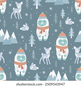 Cartoon seamless repeat pattern with funny yeti. Childish design for kids cloth, gift boxes, wrapping paper.