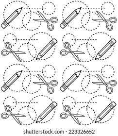 A cartoon seamless repeating pattern with pencils and scissors.