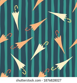 Cartoon seamless season pattern with random white and orange umbrellas. Blue striped background. Decorative backdrop for fabric design, textile print, wrapping, cover. Vector illustration.