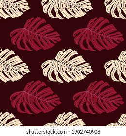 Cartoon seamless simple pattern with abstract monstera silhouettes. Maroon background. Decorative backdrop for wallpaper, textile, wrapping paper, fabric print. Vector illustration.