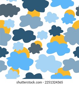 Cartoon seamless sky pattern. Doodle clouds and suns. Print, textile, fabric, wrapping paper. Abstract shapes. Nature. Blue and yellow colors.