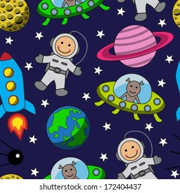 Cartoon seamless space with an astronaut. planets, stars and rocket