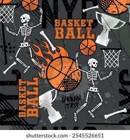 Cartoon seamless  sport pattern for textile. basketball ball and skeletons,   modern background .  for T-shirts, textiles, clothes, wrapping paper , and more