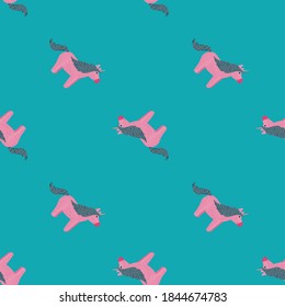 Dibujo de un patrón dulce sin costura con siluetas de unicornio rosa infantil. Fondo brillante turquesa. Perfecto para el diseño de tela, impresión textil, envoltura, cubierta. Ilustración vectorial.