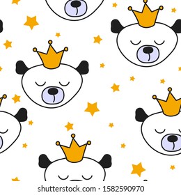 Cartoon Seamless teddy bear Princess pattern vector illustration.Seamless kids pattern bear with crown like a princess on yellow stars, background. 