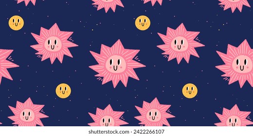 Cartoon seamless texture. Dark blue background. Space with stars. Doodle ellements with fun faces. Kids childish pattern 