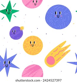 Cartoon seamless texture. White background. Doodle ellements with fun faces. Kids childish pattern 