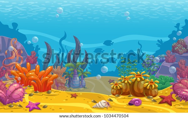 シームレスな水中背景にカートーン 海底の自然 ベクターイラスト のベクター画像素材 ロイヤリティフリー