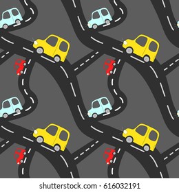 Cartoon seamless vector pattern with cute drawing car element on road on dark grey background. 