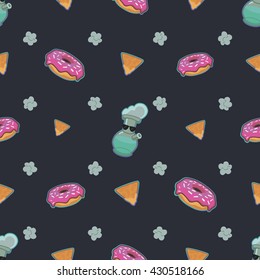 Cartoon seamless vector texture of sweet donuts, happy clouds of smoke, cool bongs and delicious nachos with cheese
