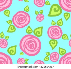 Cartoon seamless wallpaper pattern with abstract pink roses on blue background, vector illustration.