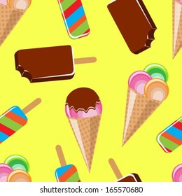 Cartoon seamless yellow background with different ice cream