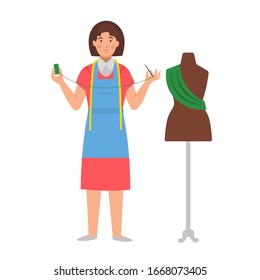 Cartoon seamstress with thread, needle and mannequin, character for children. Flat vector illustration