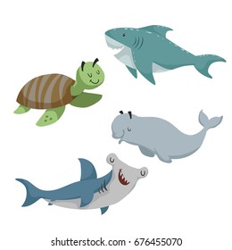 Cartoon sean animals set. Sea turtle, shark, hammerhead fish, beluga white whale. Sea and ocean animals. Kid education vector illustration collection.