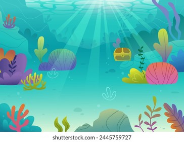 Cartoon seascape background with colorful algae. Tropical vector seabed. Bright underwater view.