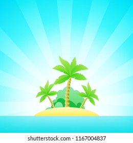 Cartoon Seascape with Exotic Island in Ocean under Clean Blue Sky. Poster Template for decoration Tour for Best Island of The World.