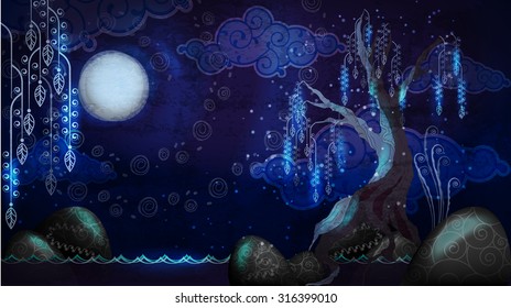 Cartoon seascape with moon and tree