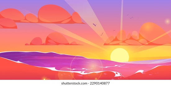 Viaje de caricatura con puesta de sol en el horizonte. Ilustración vectorial del sol sentado o subiendo por encima de la superficie del océano, pájaros volando en un cielo naranja con nubes. Bonita naturaleza de verano. Panorama de los complejos tropicales