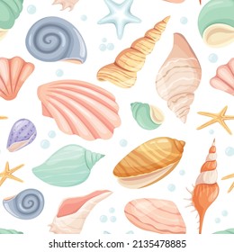 Cartoon seashell and starfish seamless pattern, tropical ocean. Clam, oyster shells, marine mollusk, summer beach seashells vector texture. Underwater cockle and conch for wallpaper