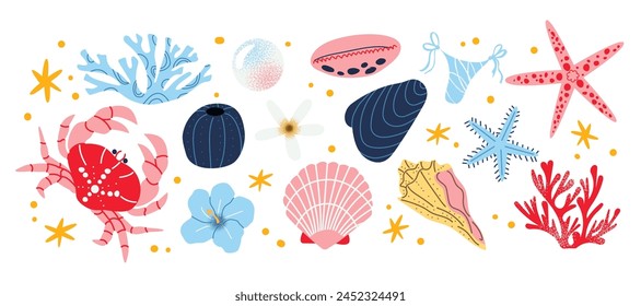 Caricatura de conchas marinas. Habitantes de la playa, cangrejo, moluscos, corales, estrellas de mar exóticas. Vector patrón náutico retro. Ilustración plana moderna de moda