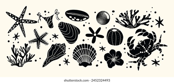 Cartoon-Muscheln. Strandbewohner, Krabben, Weichtiere, Korallen, exotische Seesterne. In: Vektorgrafik Retro Nautical Pattern. Moderne trendige flache Illustration