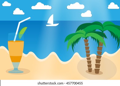 Cartoon seashore with icons of palms and Cocktail on the sunny beach. Summer blue sky with clouds. Summer, vacation time on the sea. Sunny background. Vector eps 10