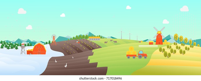 Cartoon Seasons Summer, Autumn, Winter and Spring Time of Year Landscape Background Flat Design Nature Scene. Vector illustration of Season