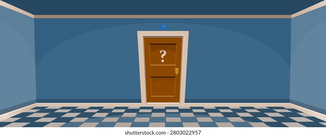 Cartoon secret door concept. Empty room with door in blue style. Quiz post. Vector illustration