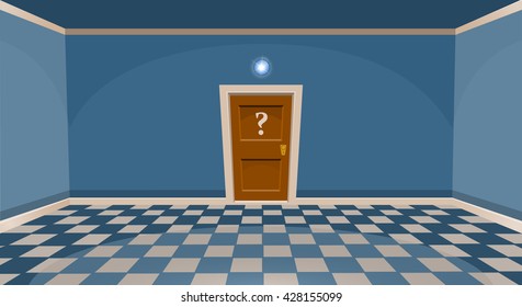 Cartoon secret door concept. Empty room with door in blue style. Vector illustration