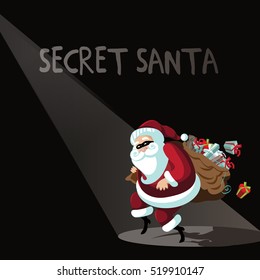 Cartoon Secret Santa background with Santa Claus sneakily delivering gifts while wearing a mask. EPS 10 vector.