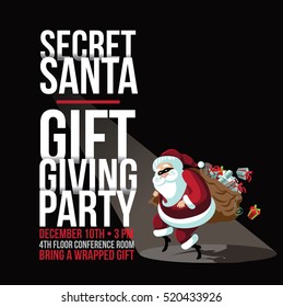 Cartoon Secret Santa invitation template with Santa Claus sneakily delivering gifts while wearing a mask. EPS 10 vector.