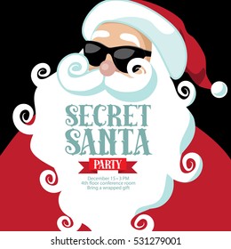 Cartoon Secret Santa invitation template with Santa Claus. EPS 10 vector.