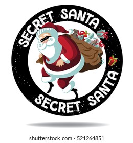 Cartoon Secret Santa stamp icon. Santa Claus sneakily delivering gifts while wearing a mask for Secret Santa party. EPS 10 vector.