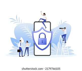 Cartoon with secure lock people. Digital bank. Flat vector illustration