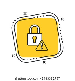 Cartoon security alert vector illustration. Padlock with exclamation point on isolated yellow square background. Password wrong sign concept.