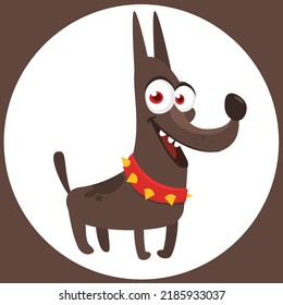 Cartoon security guard dog breed doberman pincher. Vector illustration isolated