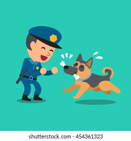 Cartoon security guard policeman playing with police guard dog