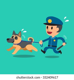 Cartoon security guard policeman with police guard dog
