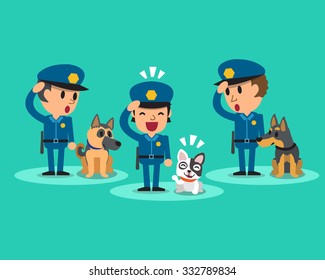 Cartoon security guard policemen with guard dogs