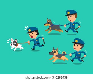 Cartoon security guard policemen with police guard dogs