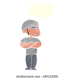cartoon security guard with speech bubble