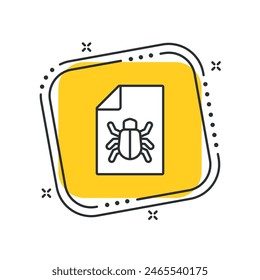 Cartoon security icon vector illustration. Document with bug icon on isolated yellow square background. Report sign concept.