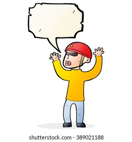 cartoon security man panicking with speech bubble
