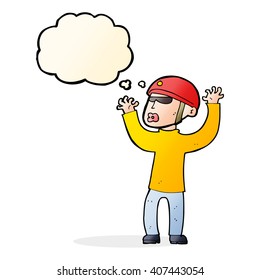 cartoon security man panicking with thought bubble