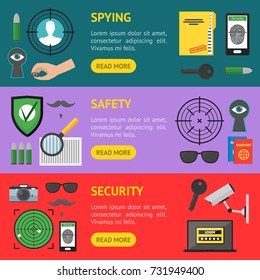 Cartoon Security and Spy Banner Horizontal Set Service for Monitoring and Protect Privacy. Vector illustration