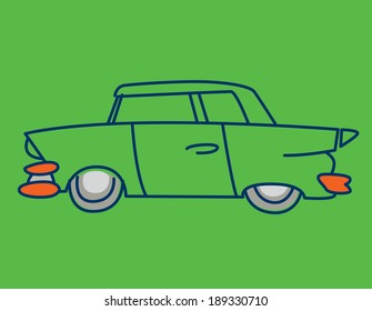 Cartoon sedan car with grey wheels and red bumper on a green background. Design inspired by the fifties. Vector illustration.