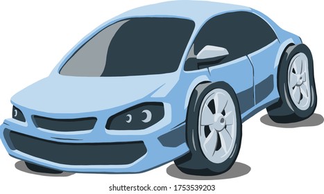 Cartoon sedan car vector color illustration isolated on white background. Hand drawn illustration.