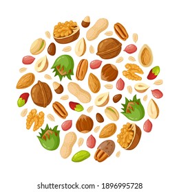 Cartoon seeds and nuts. Almond, peanut, cashew, sunflower seeds, hazelnut and pistachio. Nut food vector illustration set. Healthy and organic eating. Natural, tasty snack mix with shells