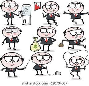 Cartoon selection of funny business man with suit and wearing glasses