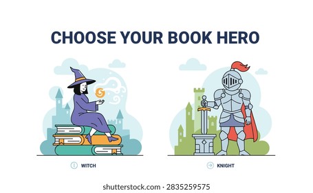 Экран выбора мультфильма для героя книги с волшебной ведьмой и храбрым рыцарем с мечом.
